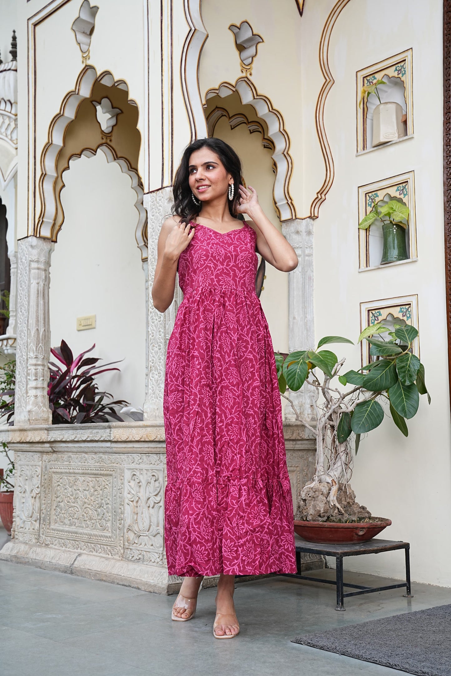 Summer-Ready Handblock Long Dress – Sleeveless Bagru Print-Noodle Strap One Piece