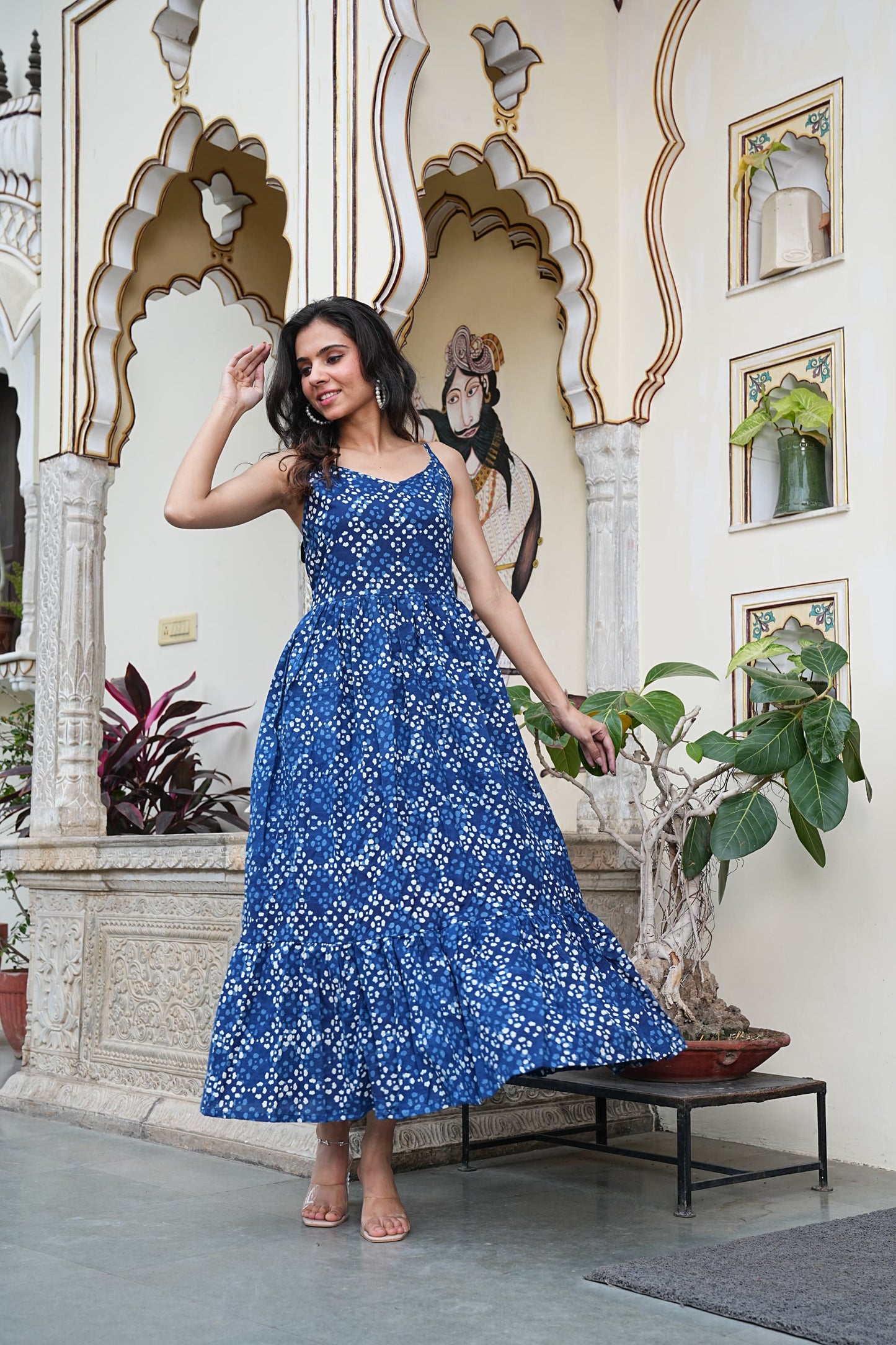 Summer-Ready Handblock Long Dress – Sleeveless Bagru Print-Noodle Strap One Piece