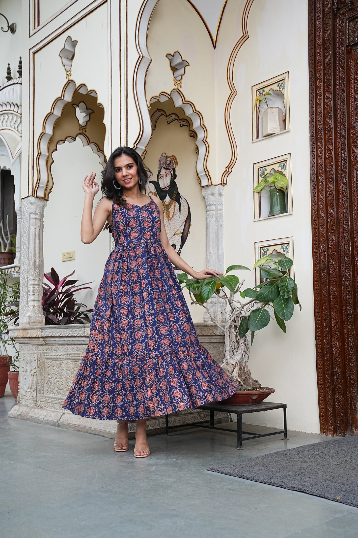 Summer-Ready Handblock Long Dress – Sleeveless Bagru Print-Noodle Strap One Piece