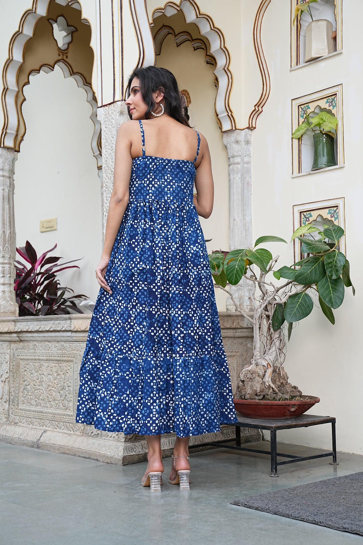 Summer-Ready Handblock Long Dress – Sleeveless Bagru Print-Noodle Strap One Piece