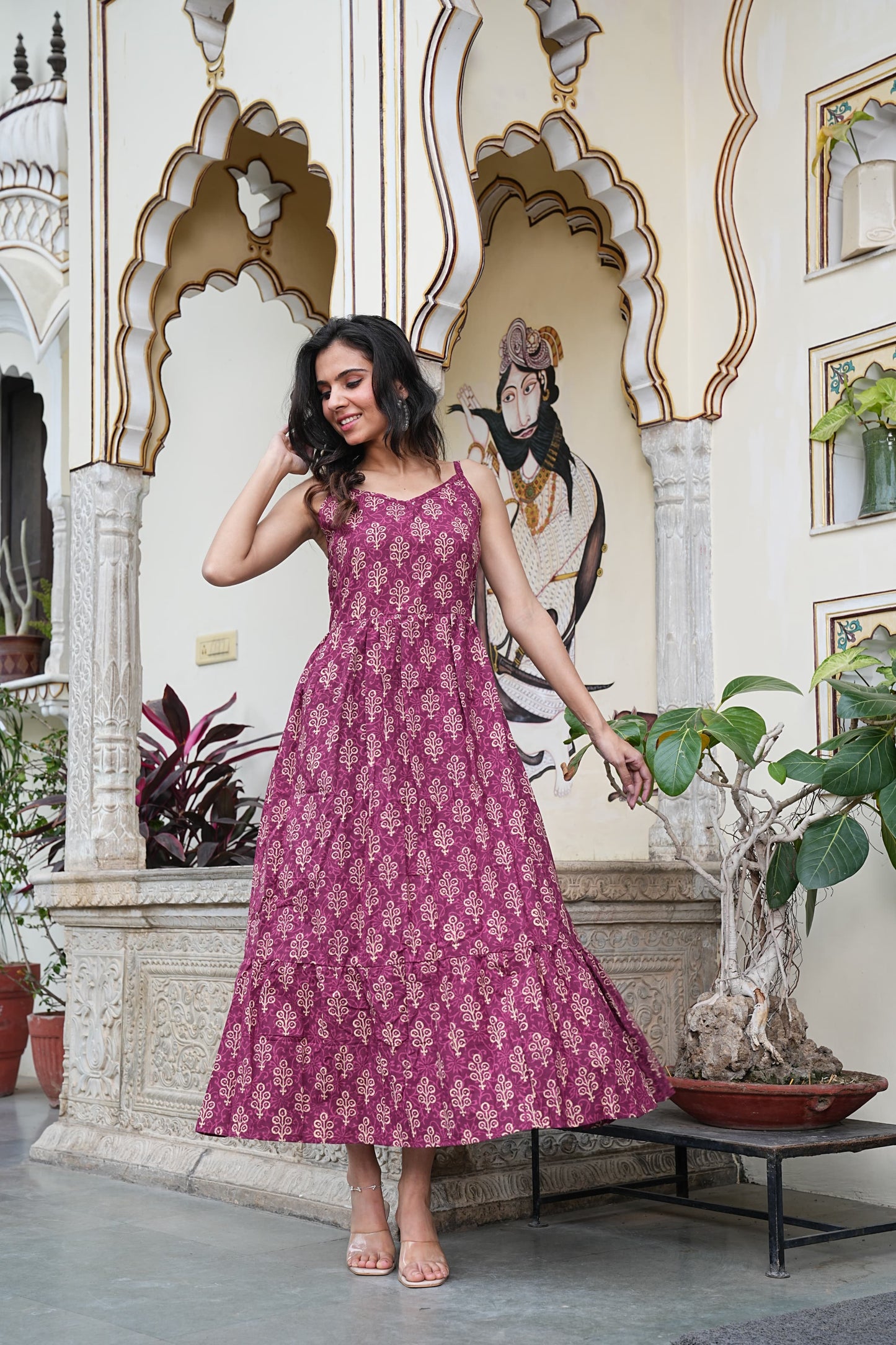 Summer-Ready Handblock Long Dress – Sleeveless Bagru Print-Noodle Strap One Piece