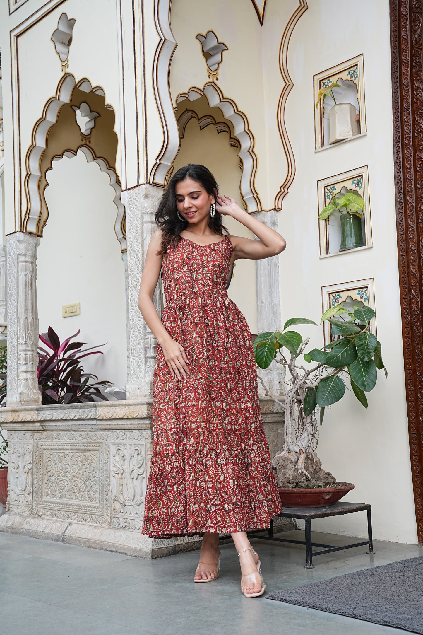 Summer-Ready Handblock Long Dress – Sleeveless Bagru Print-Noodle Strap One Piece