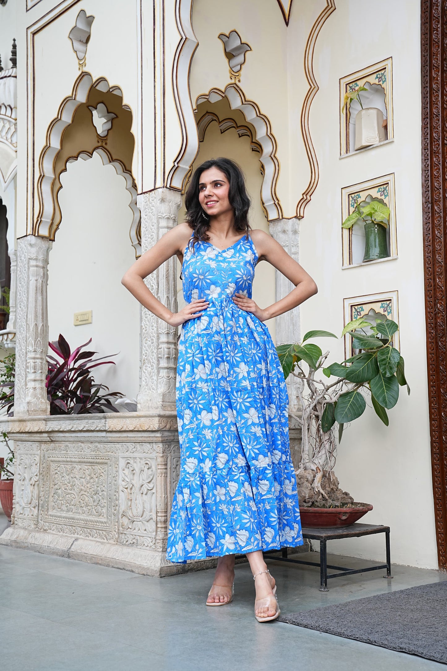 Summer-Ready Handblock Long Dress – Sleeveless Bagru Print-Noodle Strap One Piece