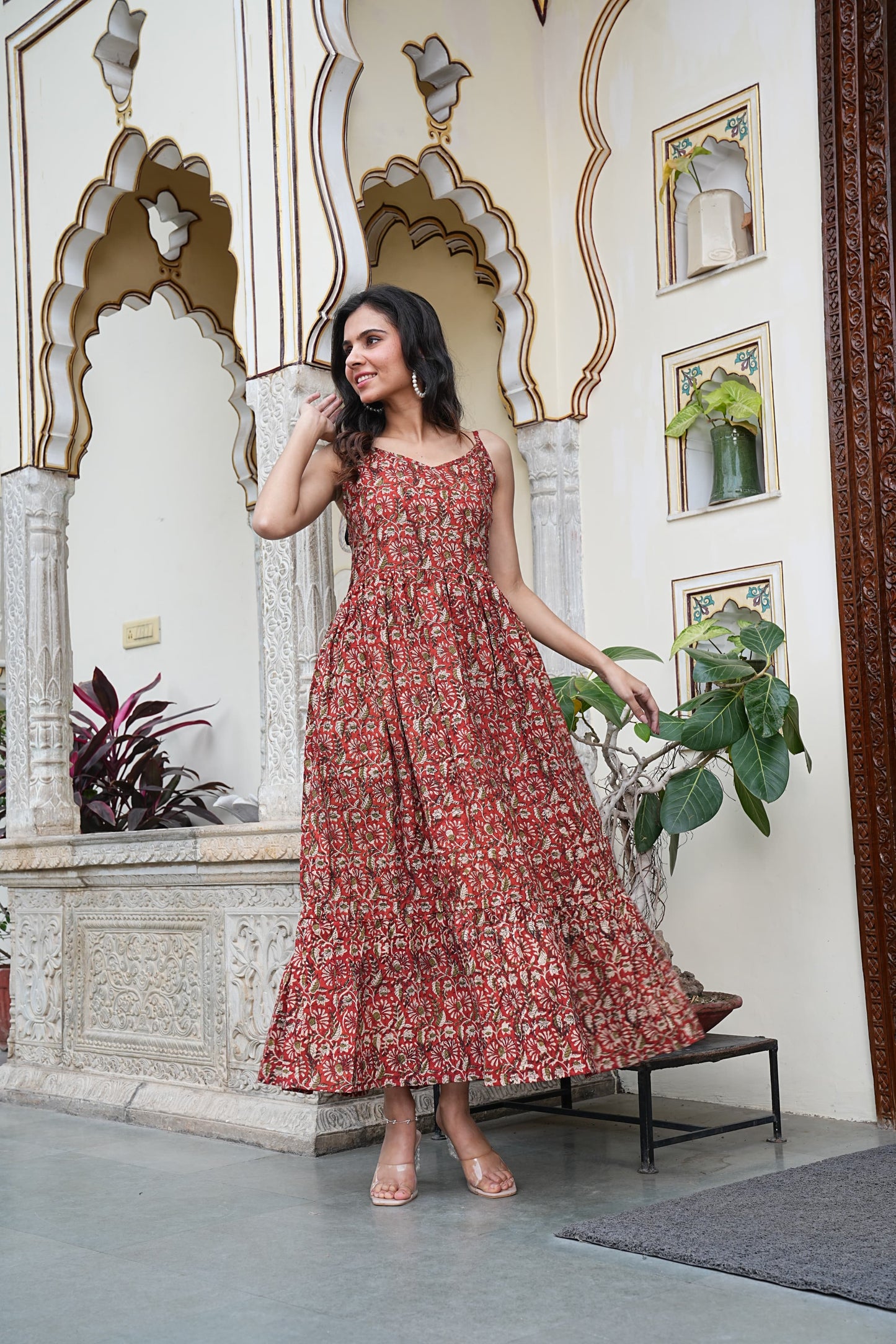 Summer-Ready Handblock Long Dress – Sleeveless Bagru Print-Noodle Strap One Piece