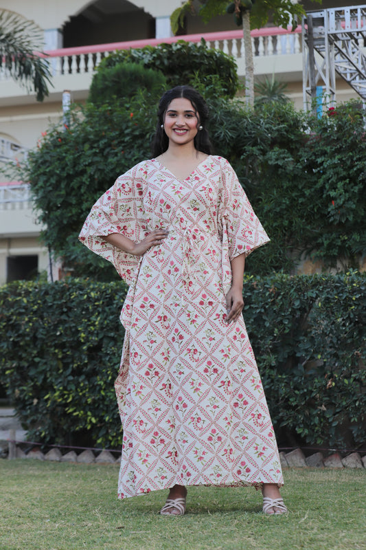 Relaxed Cotton Kaftan – Authentic Handblock Print & Natural Colors
