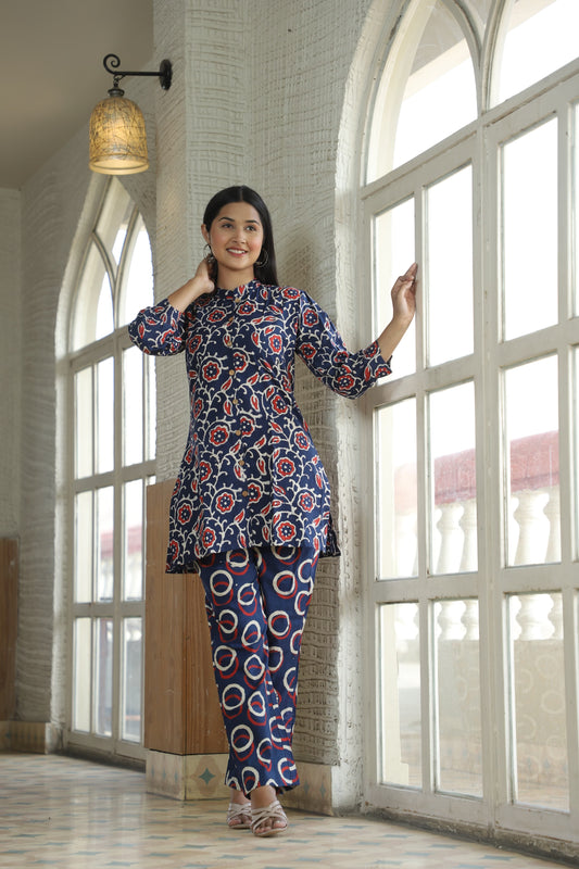 Smart Fit Handblock Printed Co-ord Set – Collar EditioN