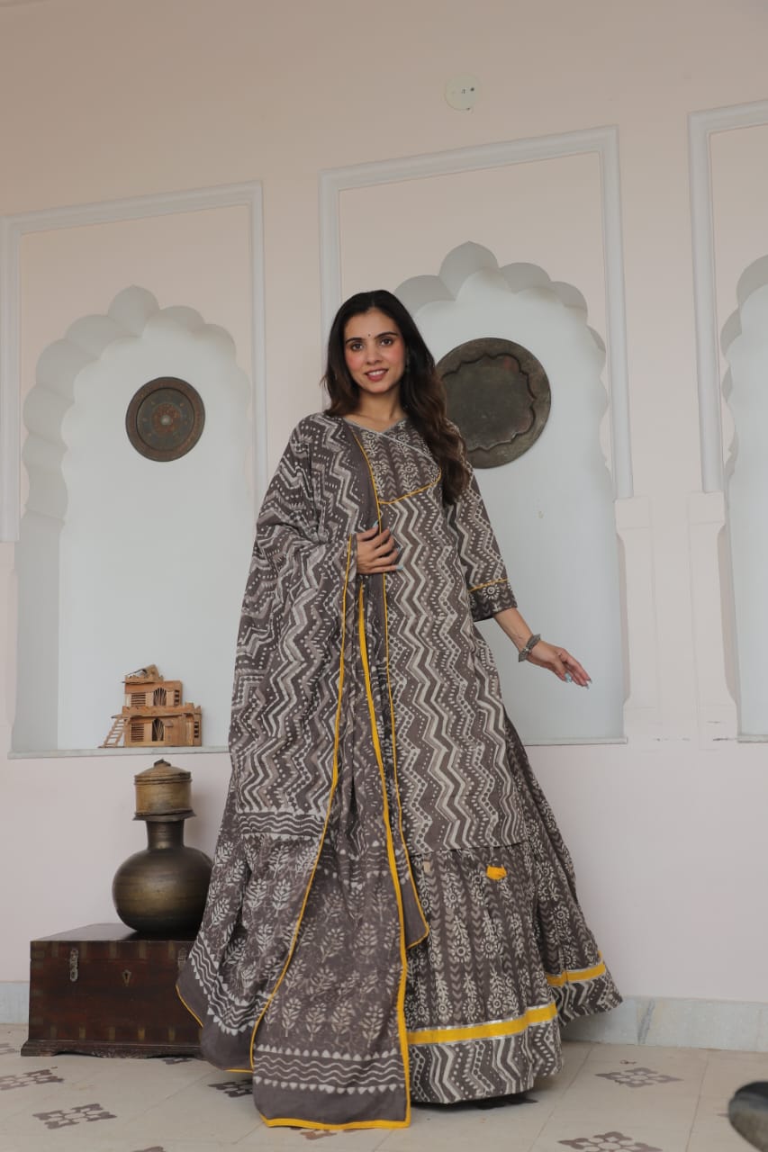 Cotton Festive Trio – Printed Kurta, Lehenga Skirt & Soft Dupatta