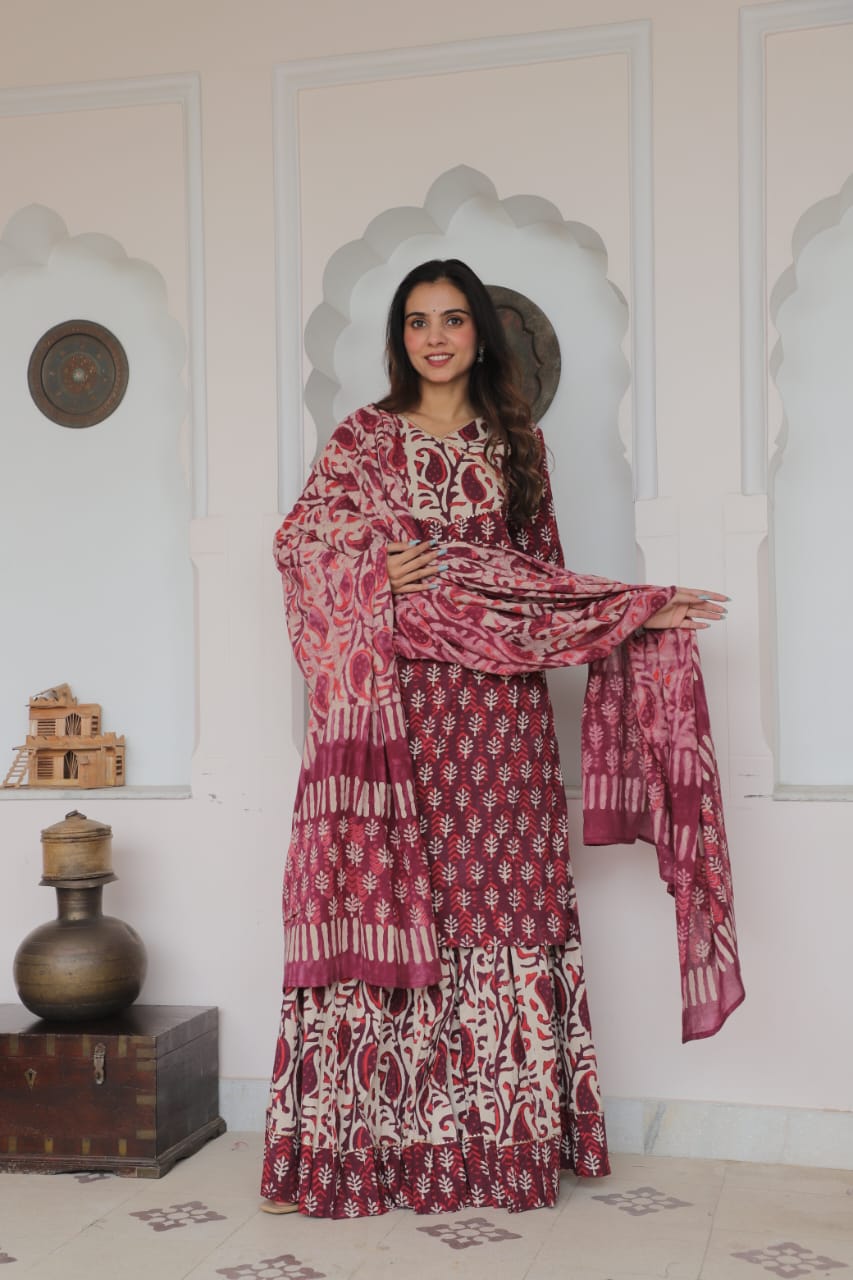 Cotton Festive Trio – Printed Kurta, Lehenga Skirt & Soft Dupatta