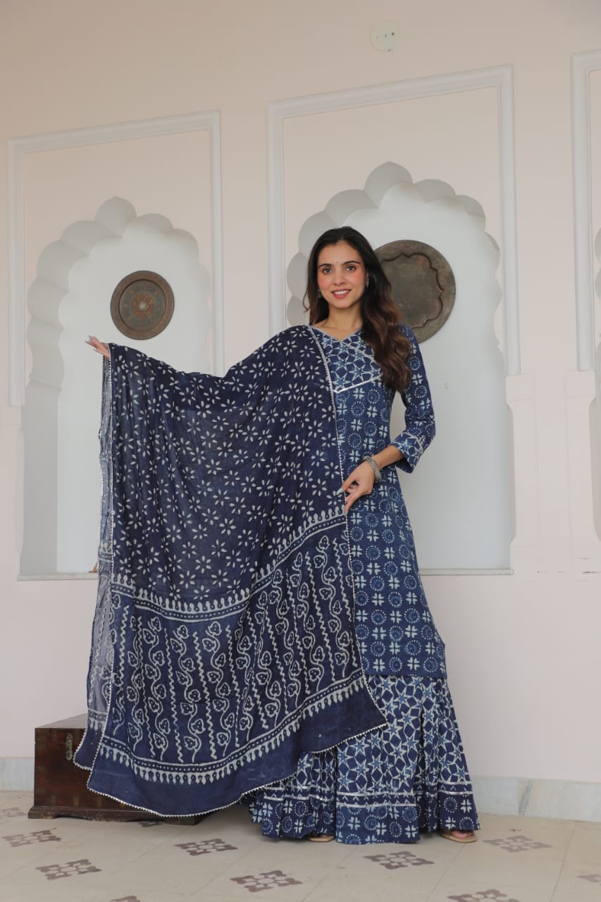 Cotton Festive Trio – Printed Kurta, Lehenga Skirt & Soft Dupatta