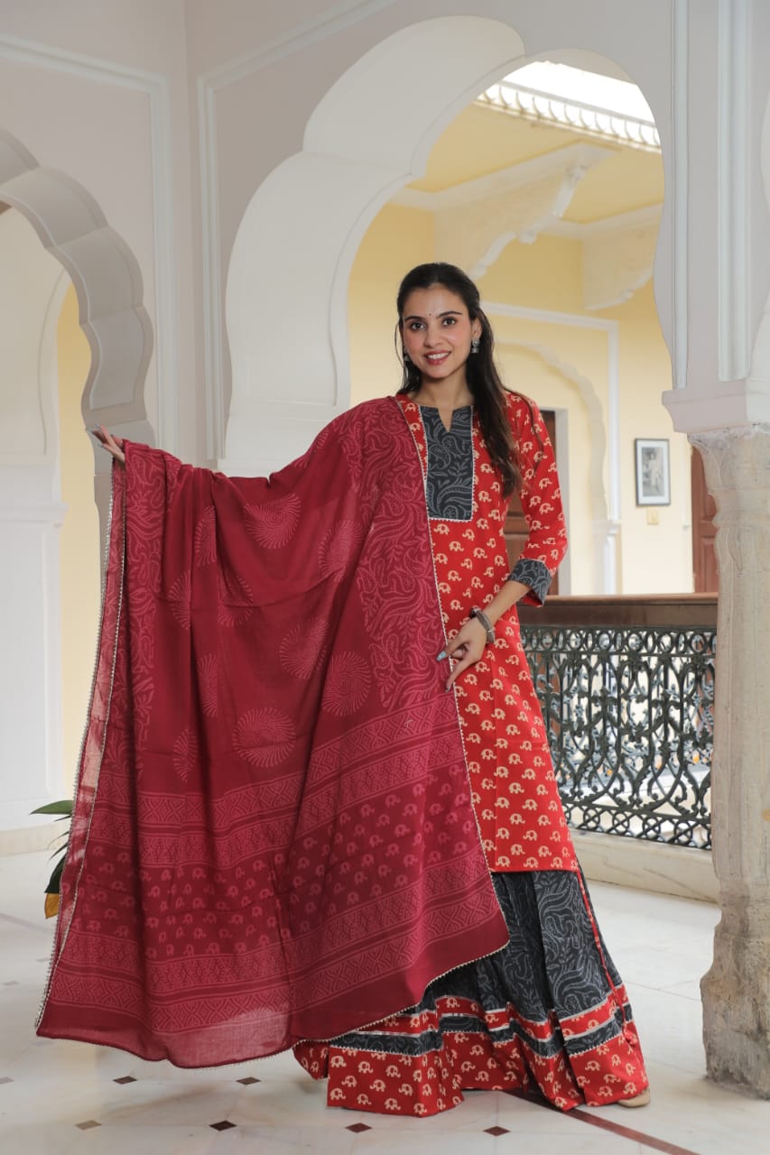 Cotton Festive Trio – Printed Kurta, Lehenga Skirt & Soft Dupatta