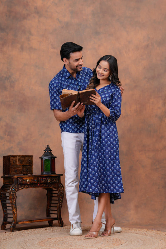 Couple Dress Set – Hand Block Printed Men’s Cotton Shirt & Women’s Midi Dress | House of the Handblock