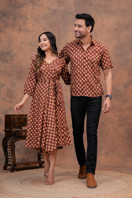 Couple Dress Set – Hand Block Printed Men’s Cotton Shirt & Women’s Midi Dress | House of the Handblock