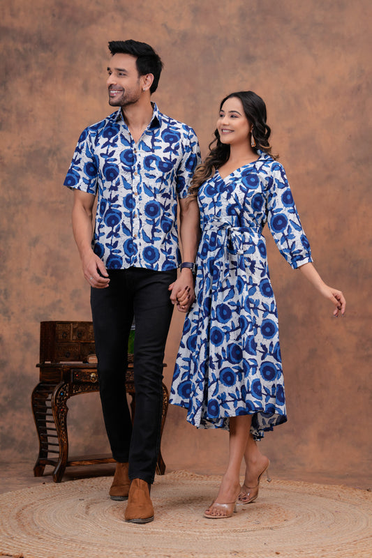 Couple Dress Set – Hand Block Printed Men’s Cotton Shirt & Women’s Midi Dress | House of the Handblock