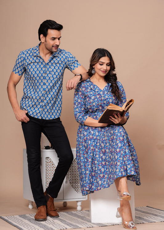 Couple Dress Set – Hand Block Printed Men’s Cotton Shirt & Women’s Midi Dress | House of the Handblock