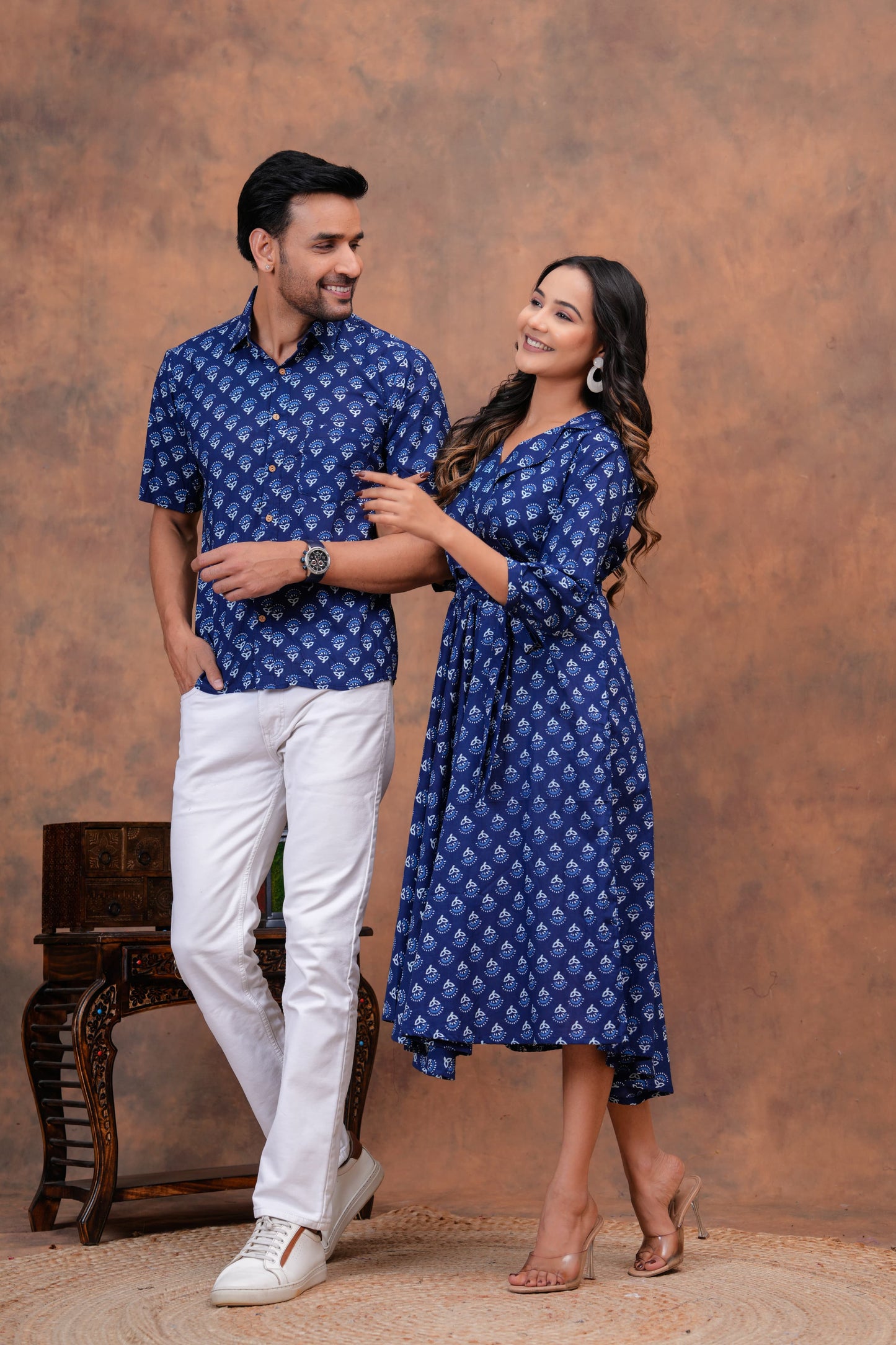 Couple Dress Set – Hand Block Printed Men’s Cotton Shirt & Women’s Midi Dress | House of the Handblock