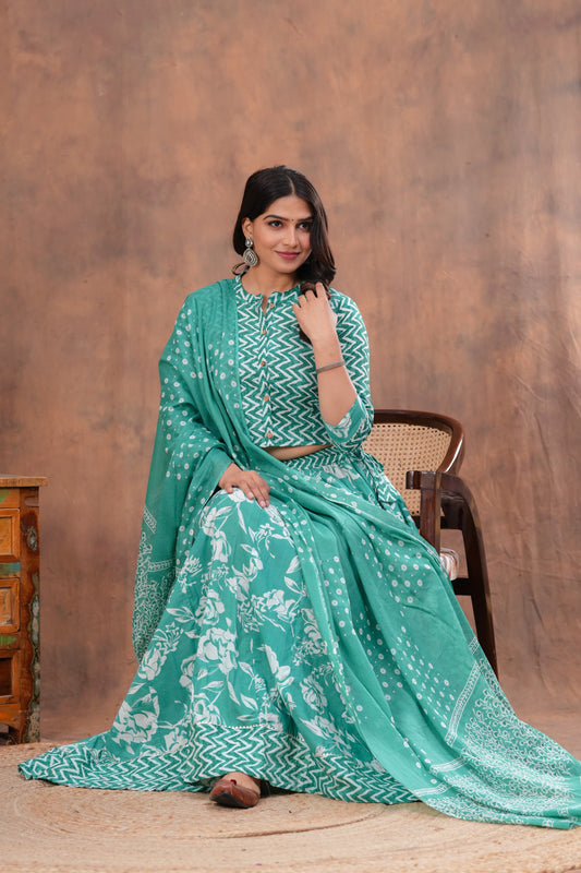 Handblock Printed Cotton Chaniya Choli Set – Designer Top, 28 Kali Skirt & Mulmul Dupatta | SIZE XS to 6XL | House of the Handblock Jaipur