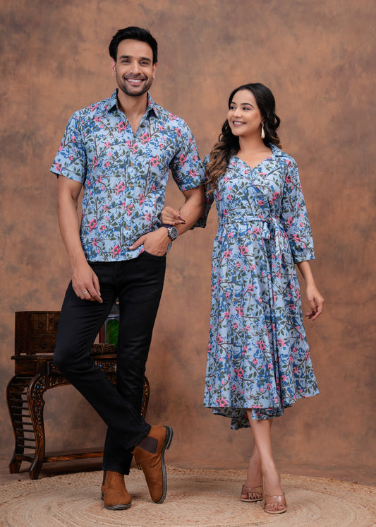 Couple Dress Set – Hand Block Printed Men’s Cotton Shirt & Women’s Midi Dress | House of the Handblock