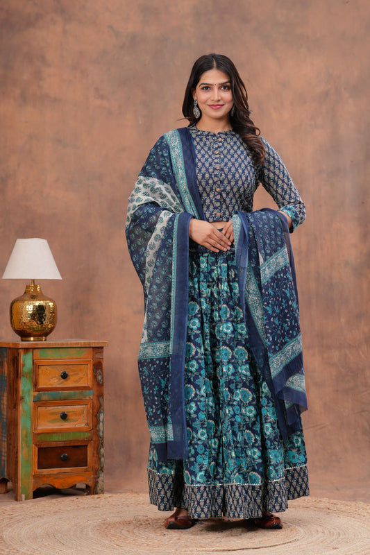 Handblock Printed Cotton Chaniya Choli Set – Designer Top, 28 Kali Skirt & Mulmul Dupatta | SIZE XS to 6XL | House of the Handblock Jaipur