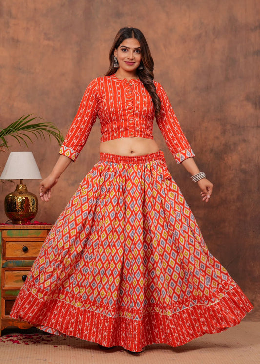 Handblock Printed Cotton Chaniya Choli Set – Designer Top, 28 Kali Skirt & Mulmul Dupatta | SIZE XS to 6XL | House of the Handblock Jaipur