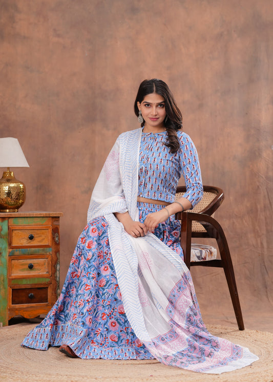 Handblock Printed Cotton Chaniya Choli Set – Designer Top, 28 Kali Skirt & Mulmul Dupatta | SIZE XS to 6XL | House of the Handblock Jaipur