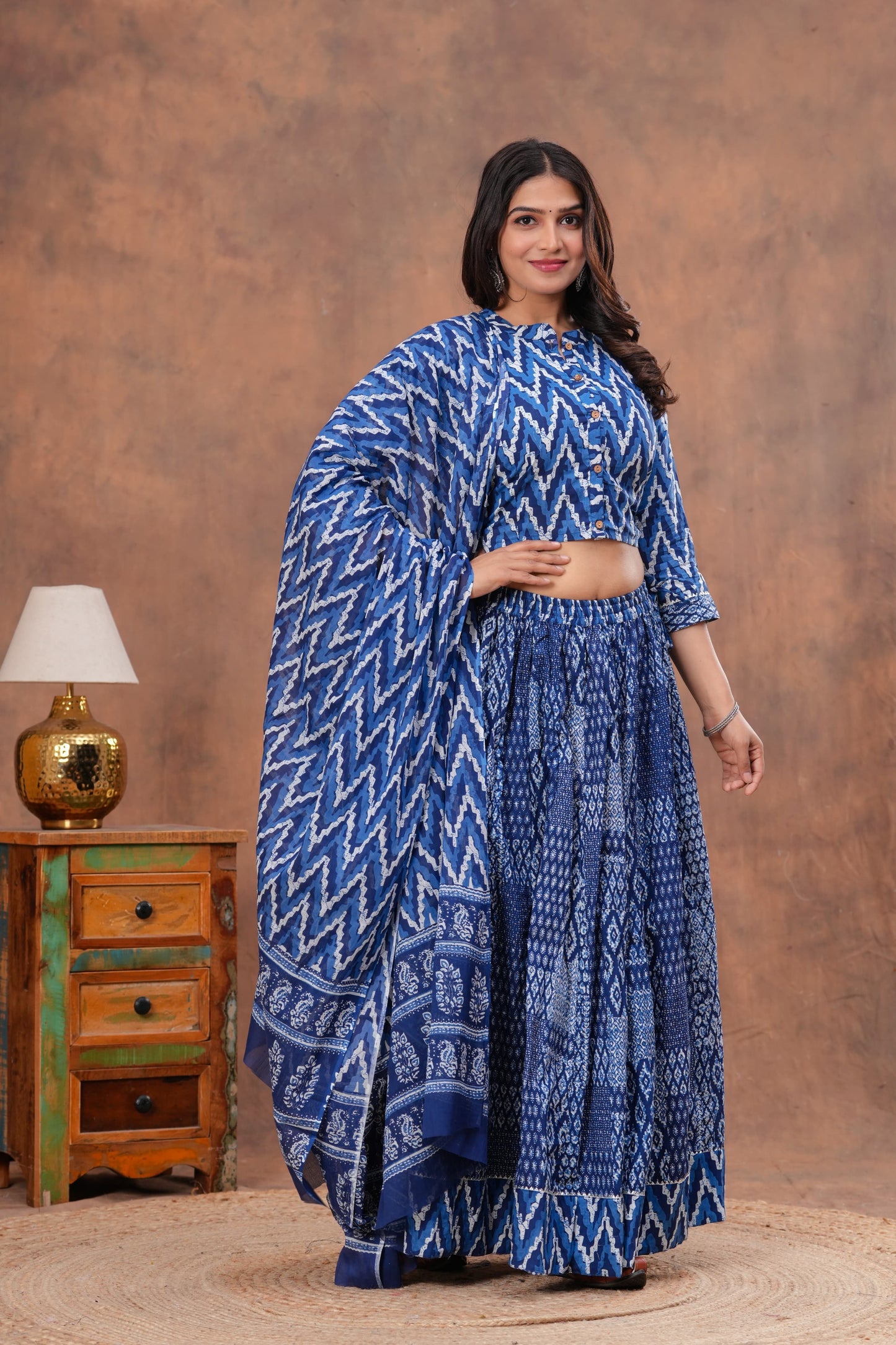 Handblock Printed Cotton Chaniya Choli Set – Designer Top, 28 Kali Skirt & Mulmul Dupatta | SIZE XS to 6XL | House of the Handblock Jaipur