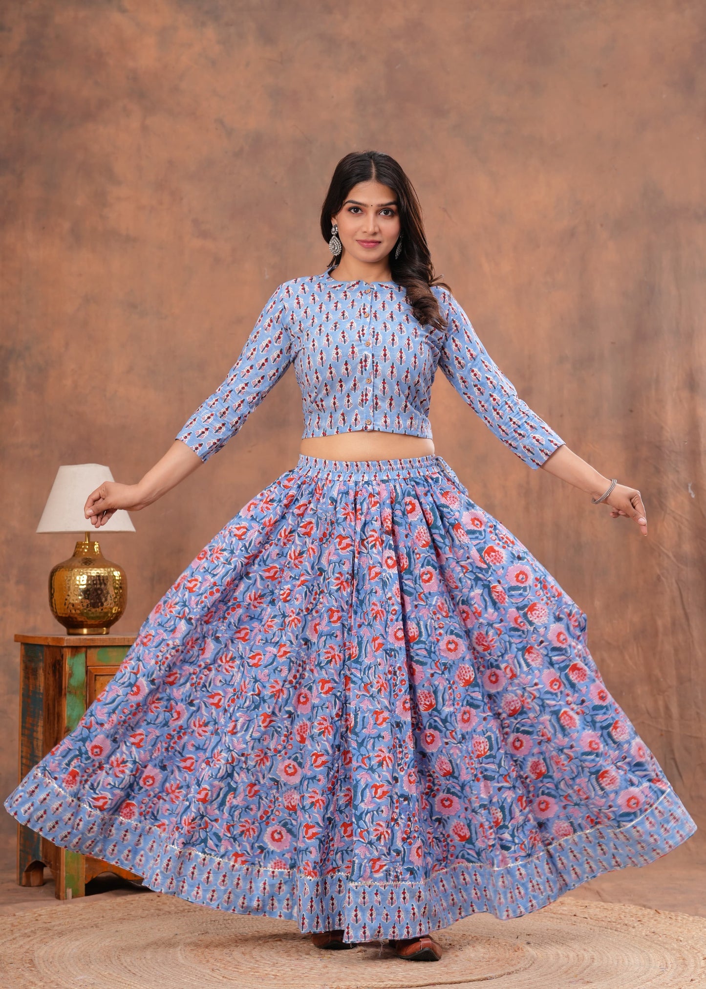 Handblock Printed Cotton Chaniya Choli Set – Designer Top, 28 Kali Skirt & Mulmul Dupatta | SIZE XS to 6XL | House of the Handblock Jaipur