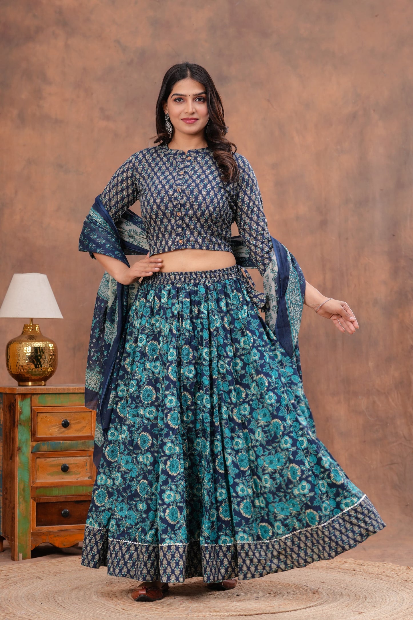 Handblock Printed Cotton Chaniya Choli Set – Designer Top, 28 Kali Skirt & Mulmul Dupatta | SIZE XS to 6XL | House of the Handblock Jaipur
