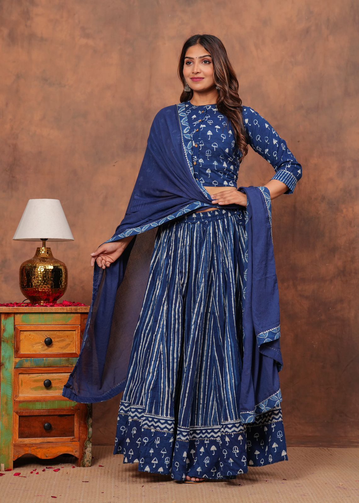 Handblock Printed Cotton Chaniya Choli Set – Designer Top, 28 Kali Skirt & Mulmul Dupatta | SIZE XS to 6XL | House of the Handblock Jaipur