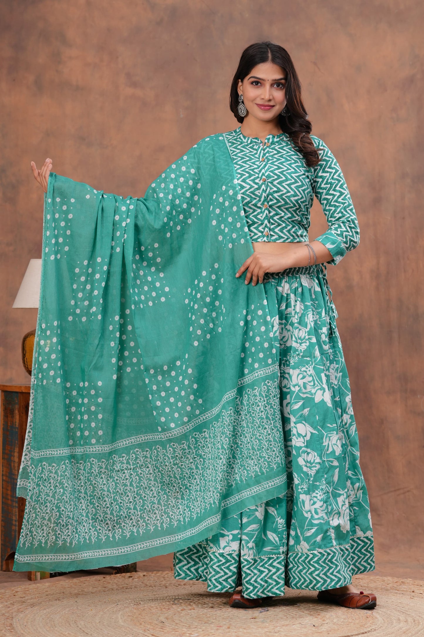 Handblock Printed Cotton Chaniya Choli Set – Designer Top, 28 Kali Skirt & Mulmul Dupatta | SIZE XS to 6XL | House of the Handblock Jaipur