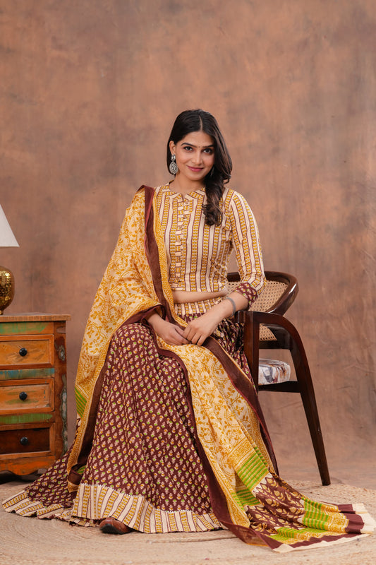 Handblock Printed Cotton Chaniya Choli Set – Designer Top, 28 Kali Skirt & Mulmul Dupatta | SIZE XS to 6XL | House of the Handblock Jaipur