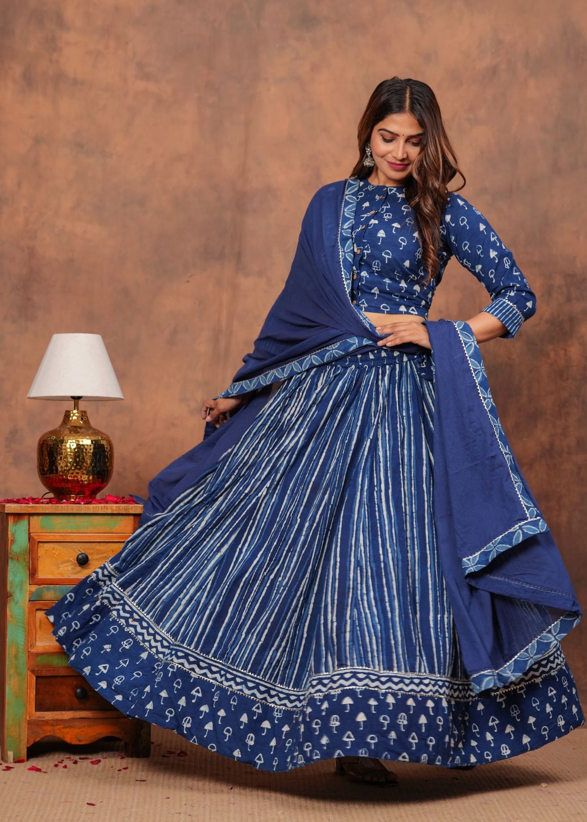 Handblock Printed Cotton Chaniya Choli Set – Designer Top, 28 Kali Skirt & Mulmul Dupatta | SIZE XS to 6XL | House of the Handblock Jaipur