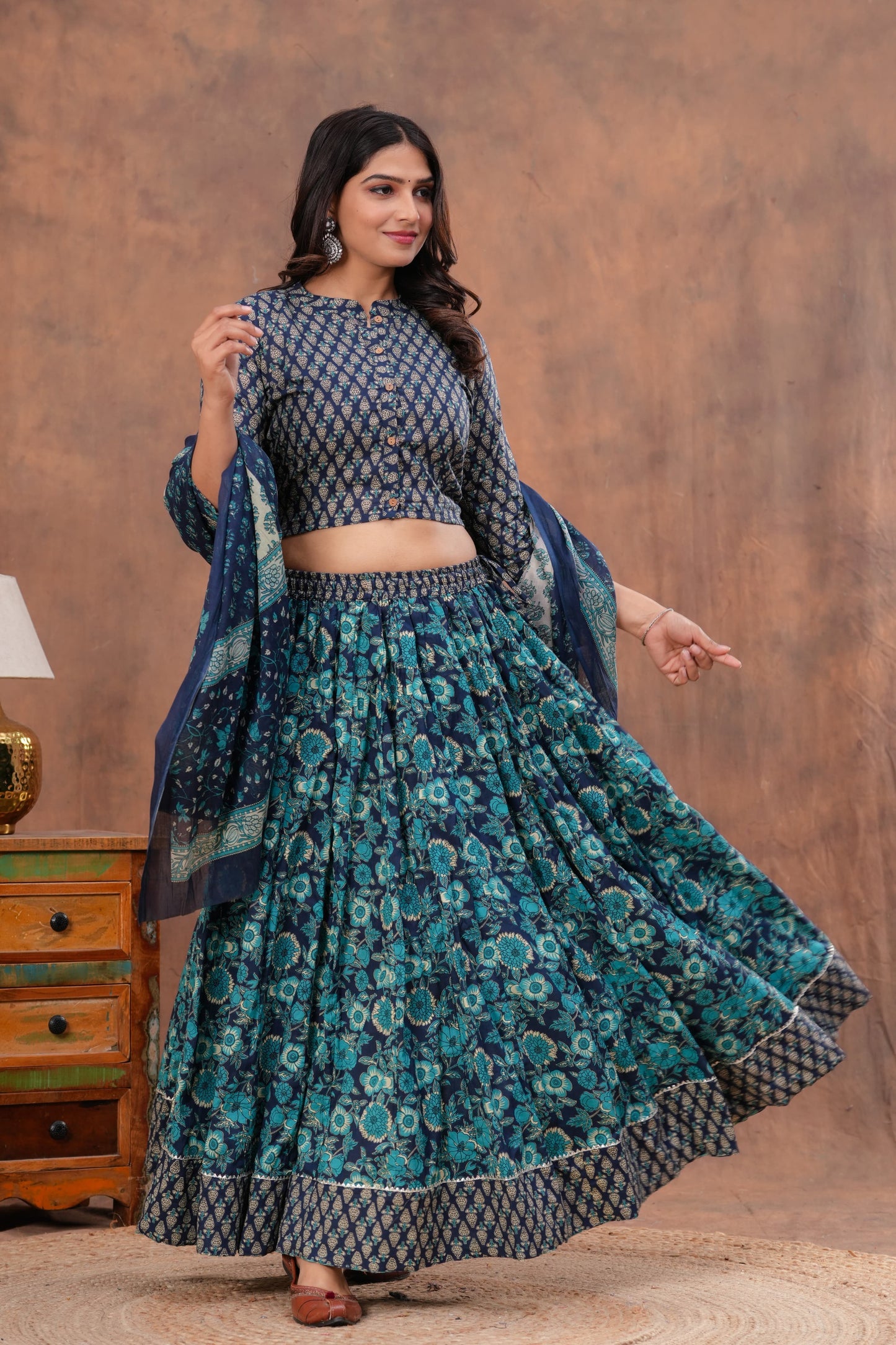 Handblock Printed Cotton Chaniya Choli Set – Designer Top, 28 Kali Skirt & Mulmul Dupatta | SIZE XS to 6XL | House of the Handblock Jaipur