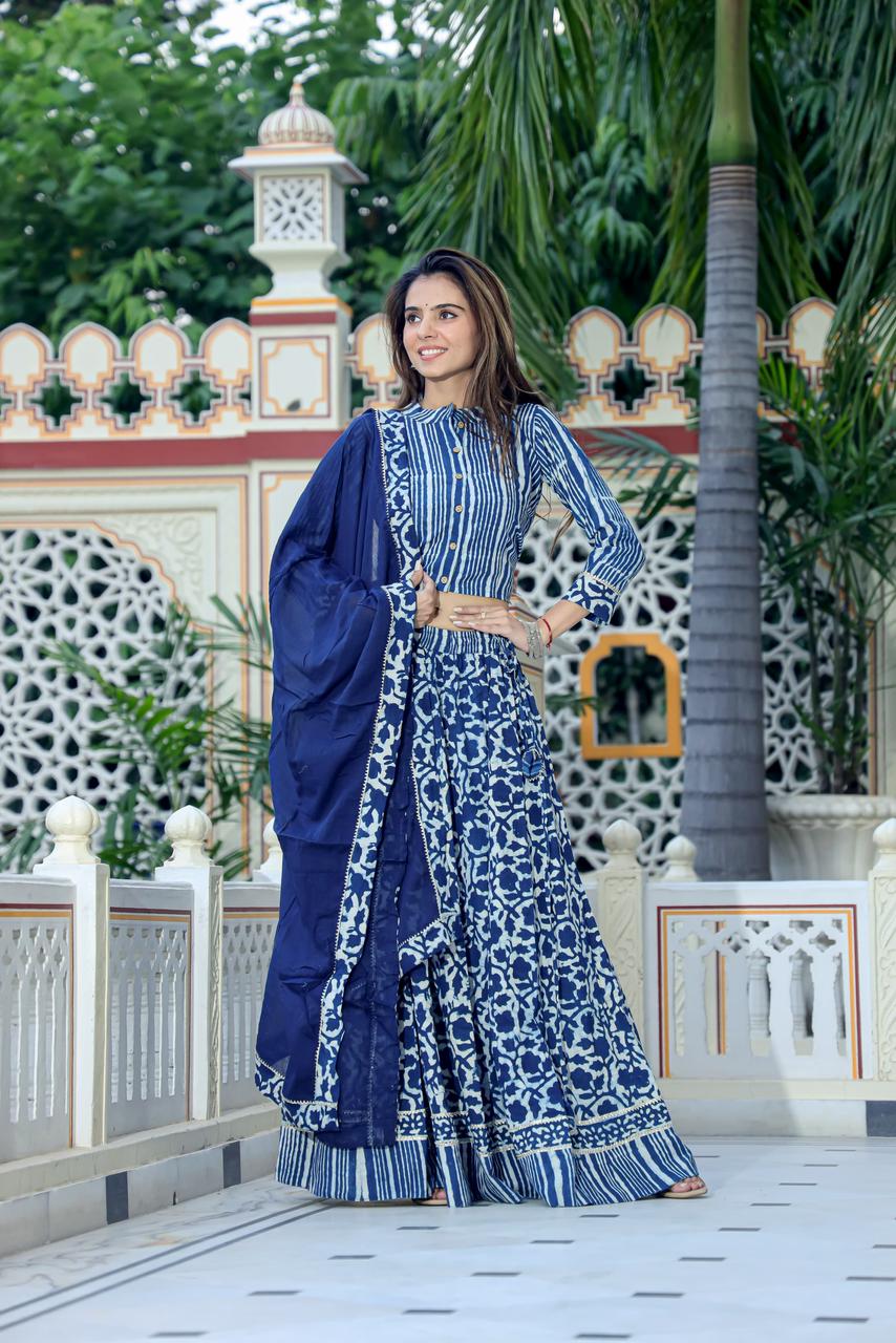 Handblock Printed Cotton Chaniya Choli Set – Designer Top, 28 Kali Skirt & Mulmul Dupatta | SIZE XS to 6XL | House of the Handblock Jaipur