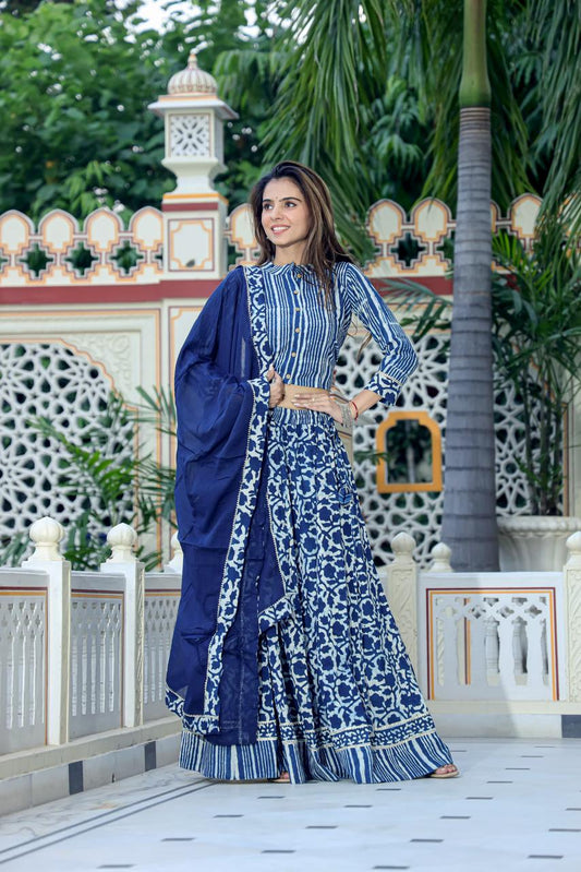 Handblock Printed Cotton Chaniya Choli Set – Designer Top, 28 Kali Skirt & Mulmul Dupatta | SIZE XS to 6XL | House of the Handblock Jaipur