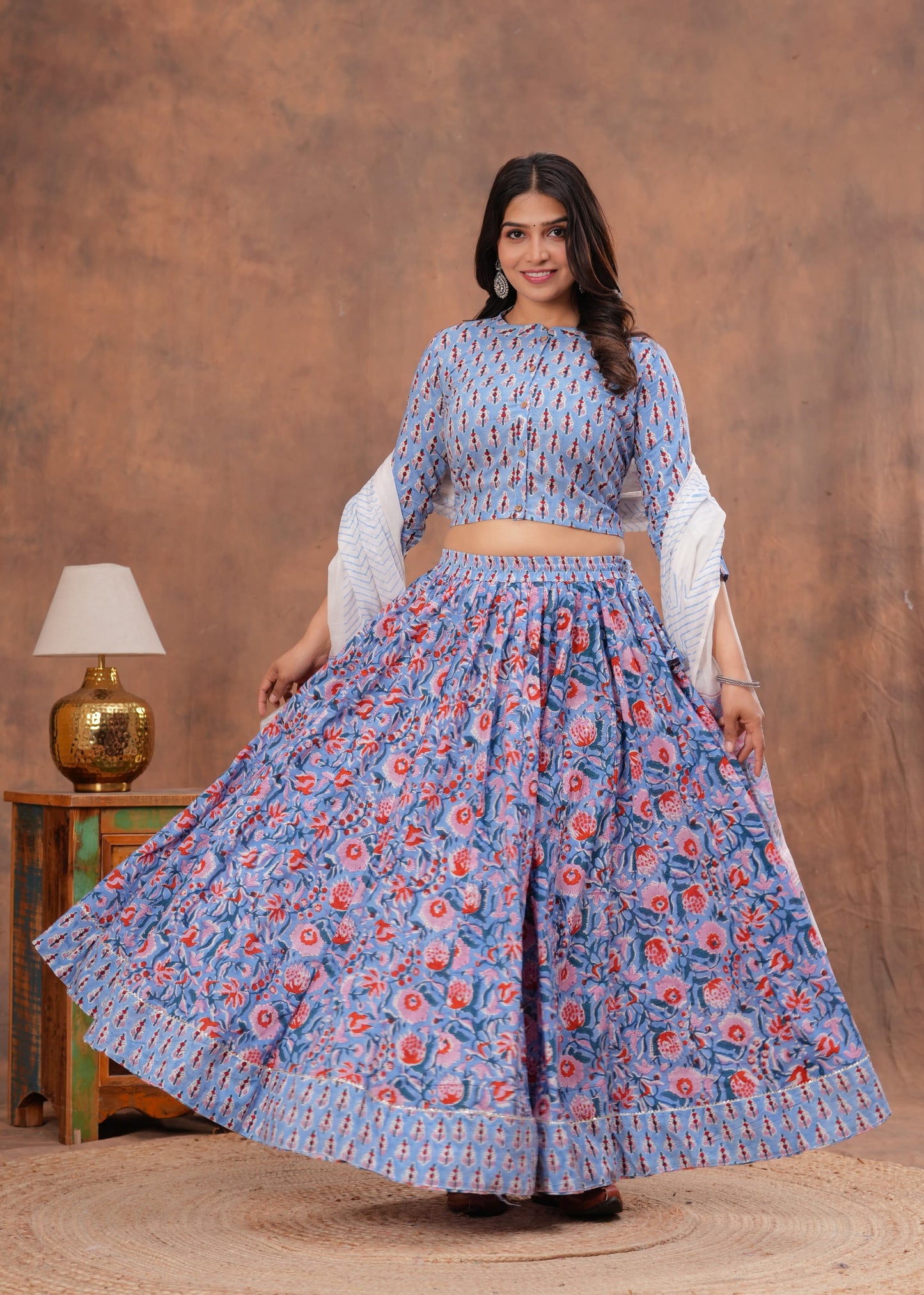 Handblock Printed Cotton Chaniya Choli Set – Designer Top, 28 Kali Skirt & Mulmul Dupatta | SIZE XS to 6XL | House of the Handblock Jaipur