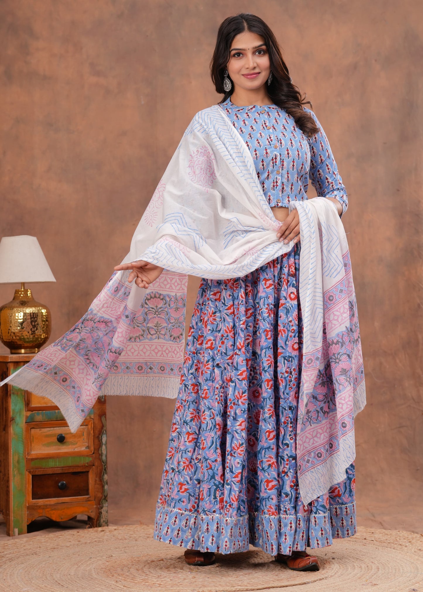 Handblock Printed Cotton Chaniya Choli Set – Designer Top, 28 Kali Skirt & Mulmul Dupatta | SIZE XS to 6XL | House of the Handblock Jaipur