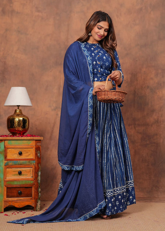 Handblock Printed Cotton Chaniya Choli Set – Designer Top, 28 Kali Skirt & Mulmul Dupatta | SIZE XS to 6XL | House of the Handblock Jaipur