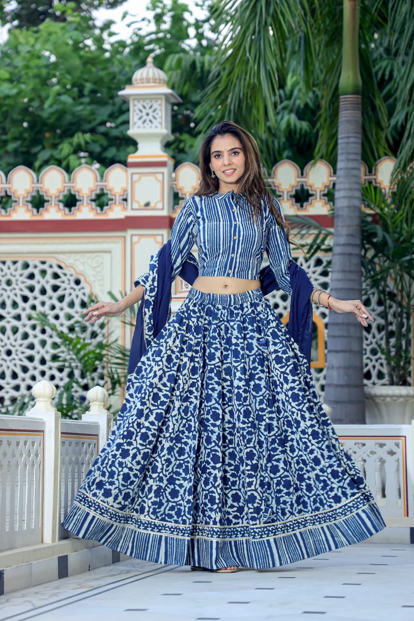 Handblock Printed Cotton Chaniya Choli Set – Designer Top, 28 Kali Skirt & Mulmul Dupatta | SIZE XS to 6XL | House of the Handblock Jaipur