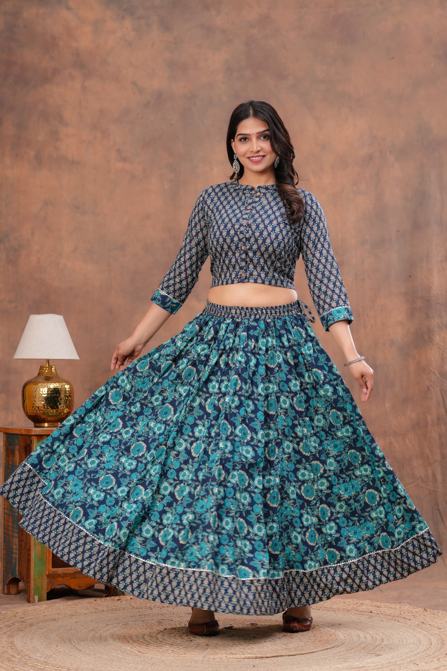 Handblock Printed Cotton Chaniya Choli Set – Designer Top, 28 Kali Skirt & Mulmul Dupatta | SIZE XS to 6XL | House of the Handblock Jaipur