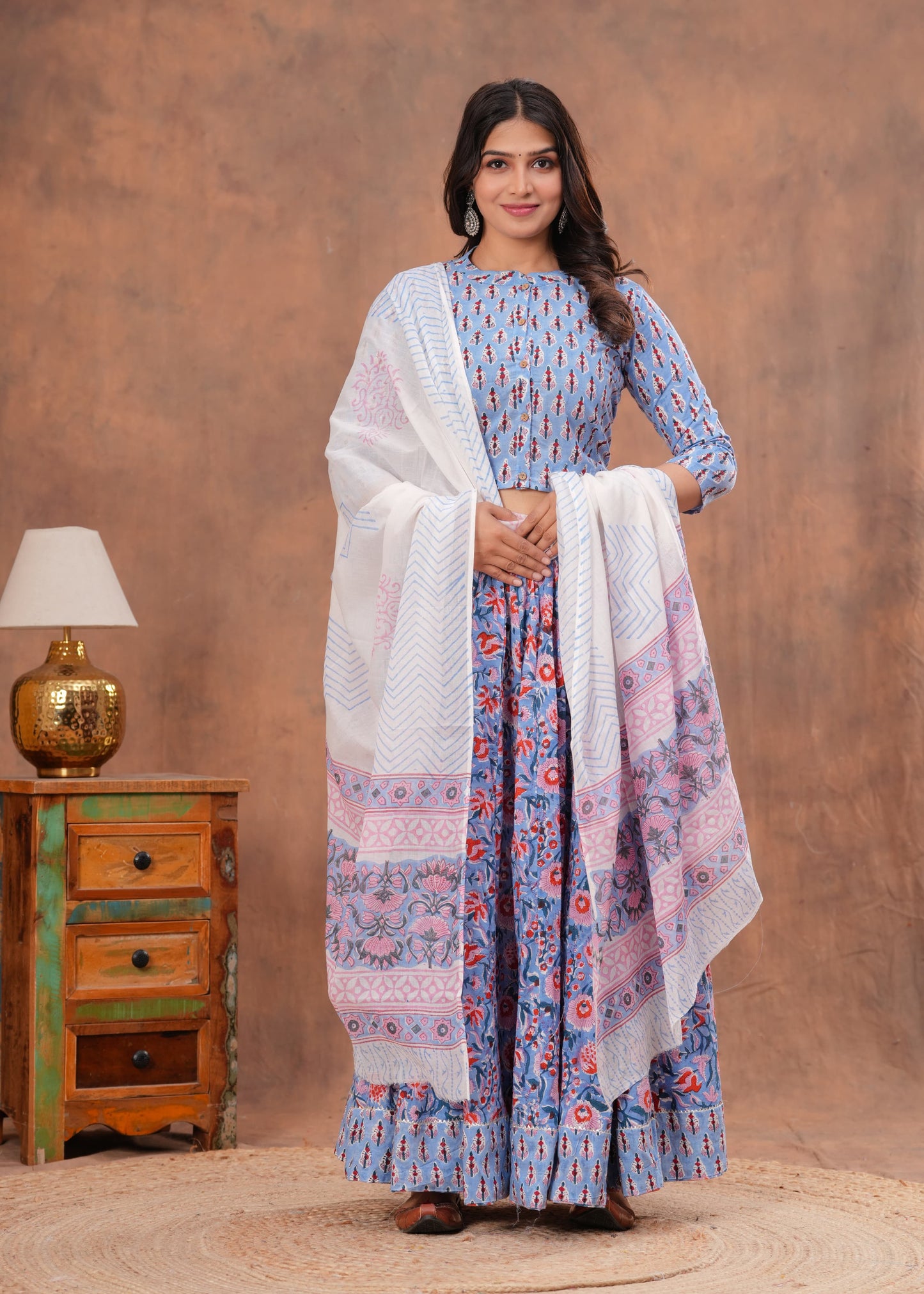 Handblock Printed Cotton Chaniya Choli Set – Designer Top, 28 Kali Skirt & Mulmul Dupatta | SIZE XS to 6XL | House of the Handblock Jaipur