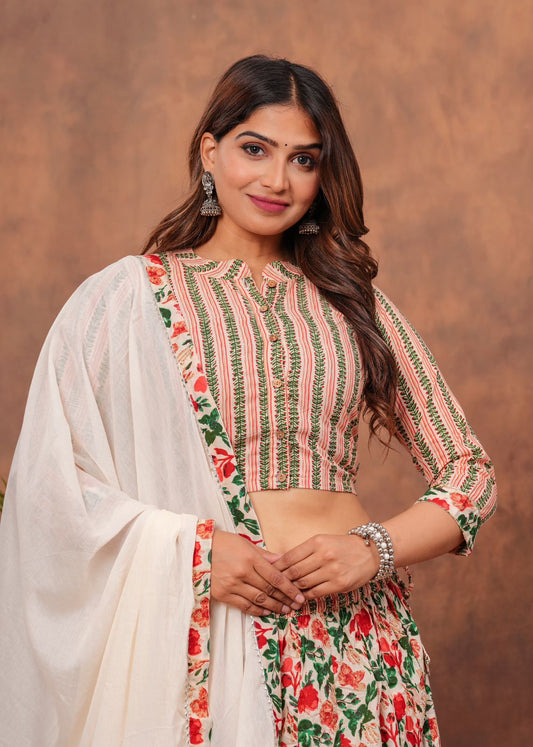 Handblock Printed Cotton Chaniya Choli Set – Designer Top, 28 Kali Skirt & Mulmul Dupatta | SIZE XS to 6XL | House of the Handblock Jaipur