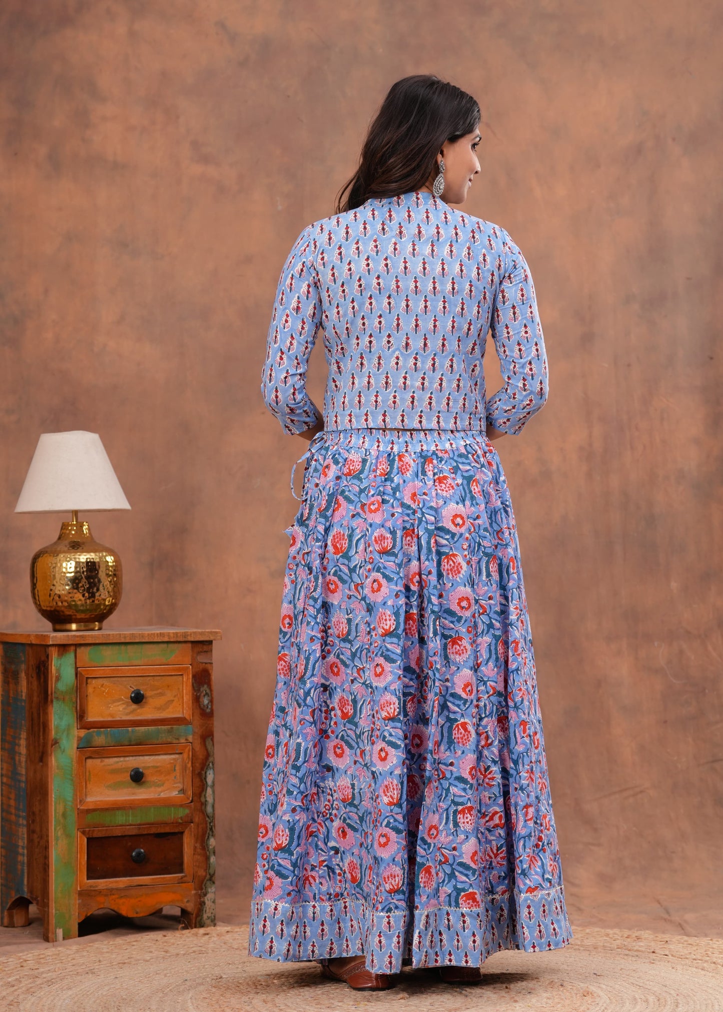 Handblock Printed Cotton Chaniya Choli Set – Designer Top, 28 Kali Skirt & Mulmul Dupatta | SIZE XS to 6XL | House of the Handblock Jaipur