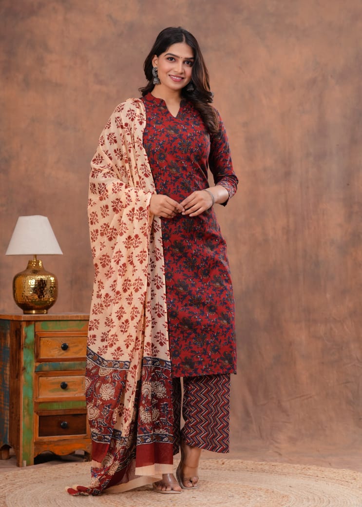 Exclusive Jaipuri Printed Cotton Kurti Set with Printed Plazo & Dupatta | Pure 60×60 Cotton- House Of The Handblock