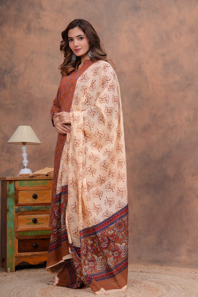 Exclusive Jaipuri Printed Cotton Kurti Set with Printed Plazo & Dupatta | Pure 60×60 Cotton- House Of The Handblock