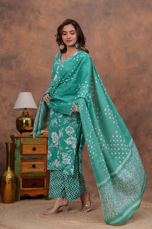 Exclusive Jaipuri Printed Cotton Kurti Set with Printed Plazo & Dupatta | Pure 60×60 Cotton- House Of The Handblock