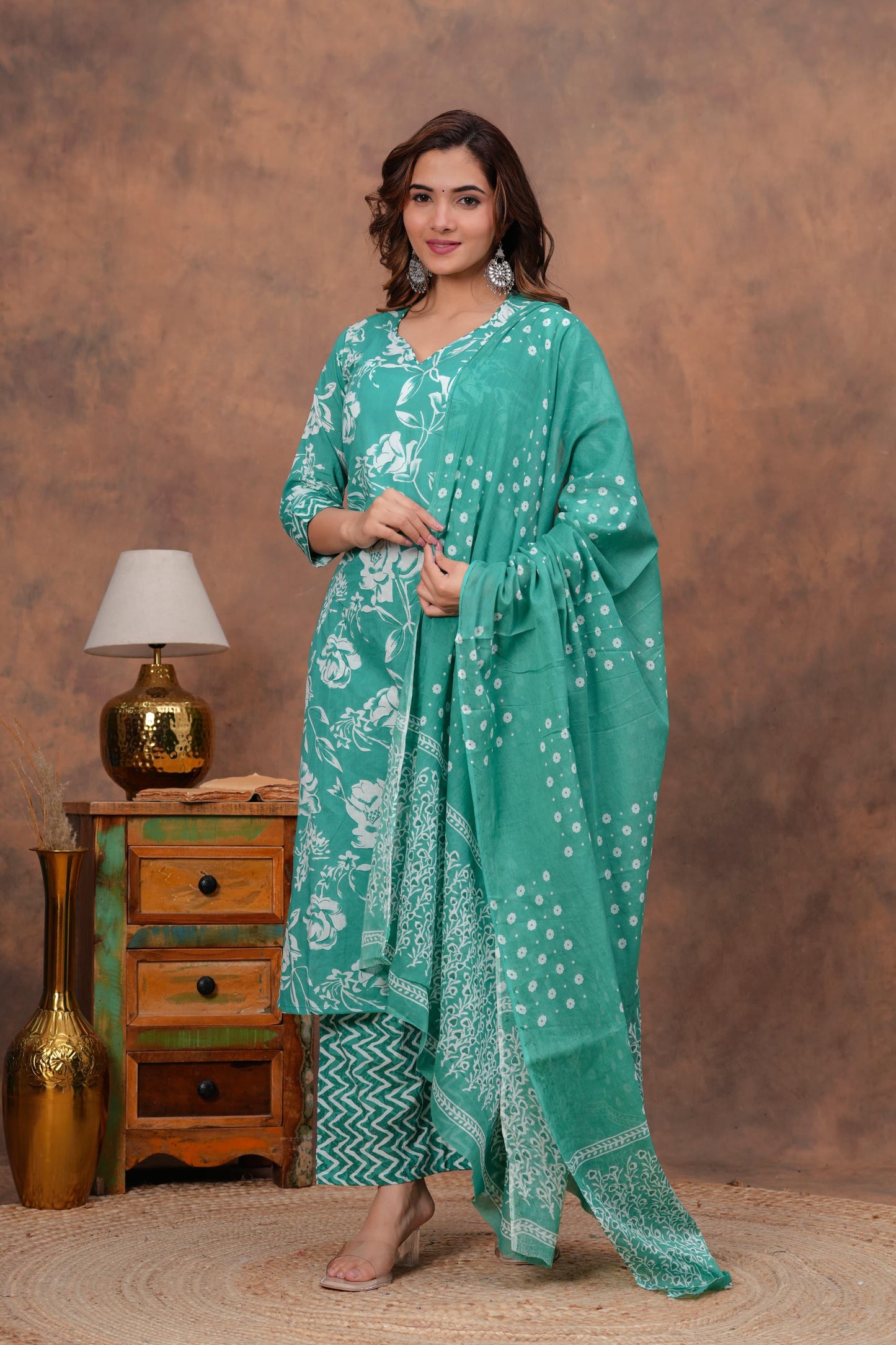 Exclusive Jaipuri Printed Cotton Kurti Set with Printed Plazo & Dupatta | Pure 60×60 Cotton- House Of The Handblock