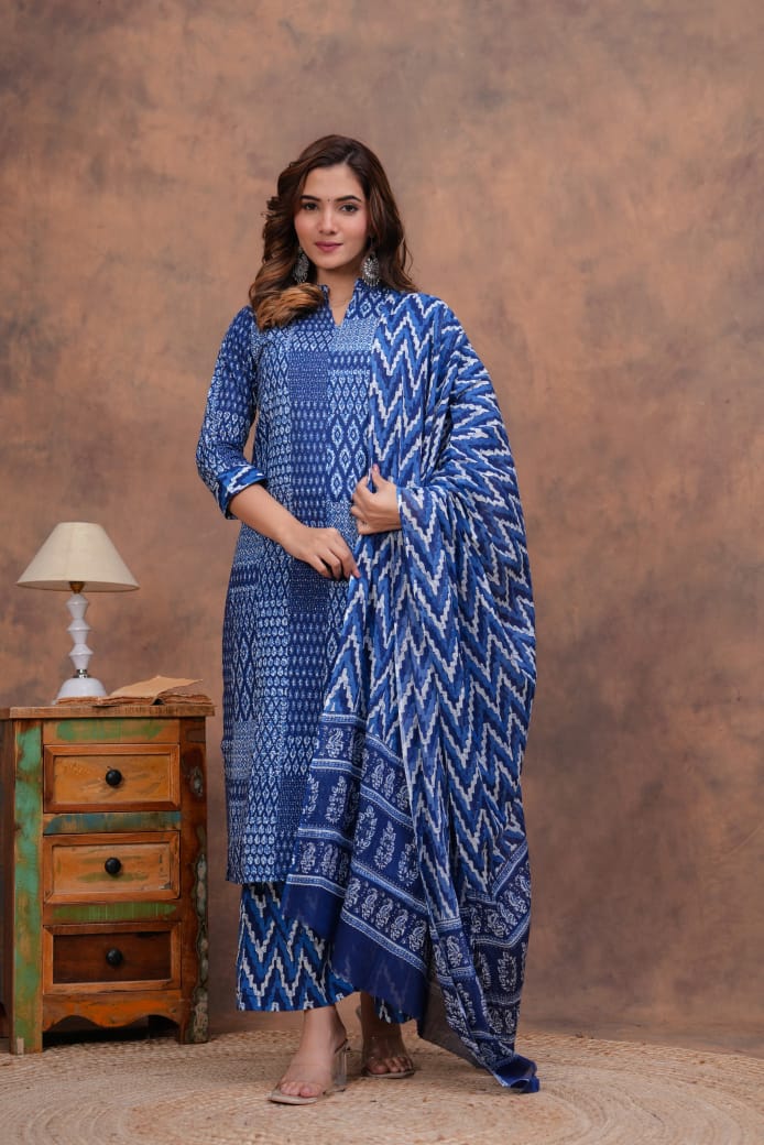 Exclusive Jaipuri Printed Cotton Kurti Set with Printed Plazo & Dupatta | Pure 60×60 Cotton- House Of The Handblock