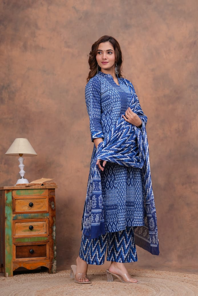 Exclusive Jaipuri Printed Cotton Kurti Set with Printed Plazo & Dupatta | Pure 60×60 Cotton- House Of The Handblock