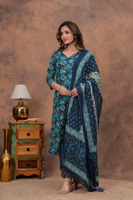 Exclusive Jaipuri Printed Cotton Kurti Set with Printed Plazo & Dupatta | Pure 60×60 Cotton- House Of The Handblock