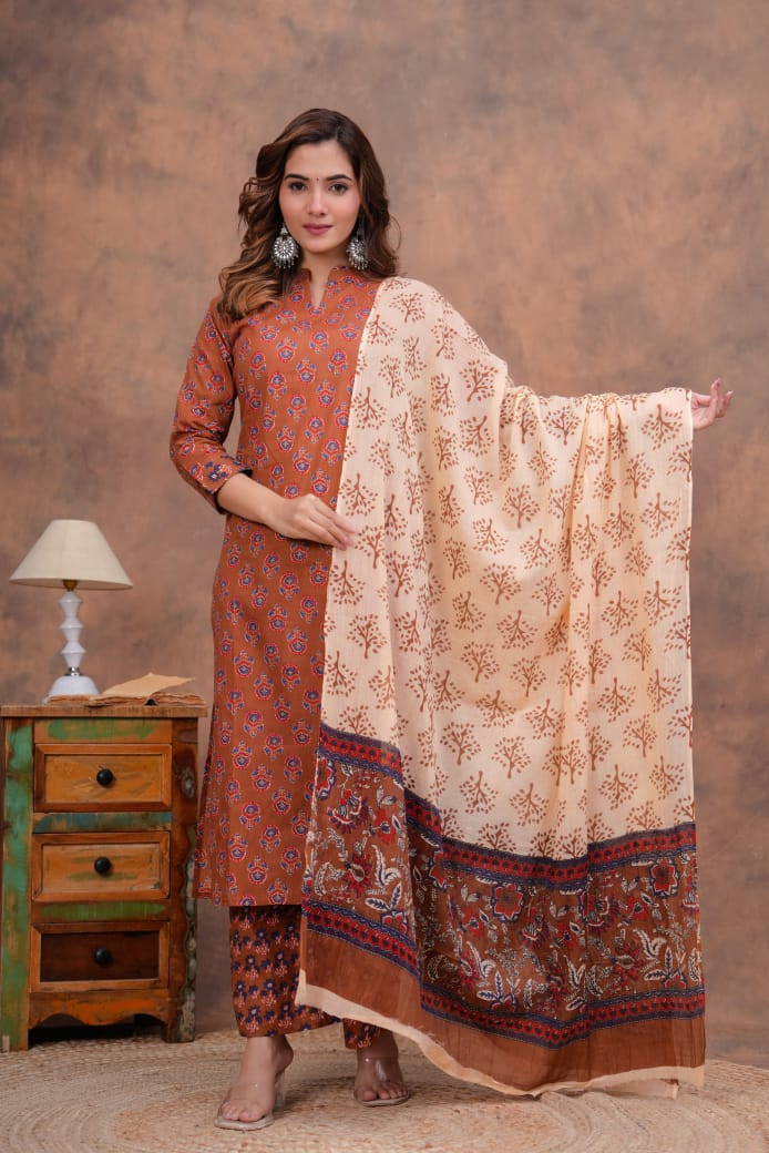 Exclusive Jaipuri Printed Cotton Kurti Set with Printed Plazo & Dupatta | Pure 60×60 Cotton- House Of The Handblock